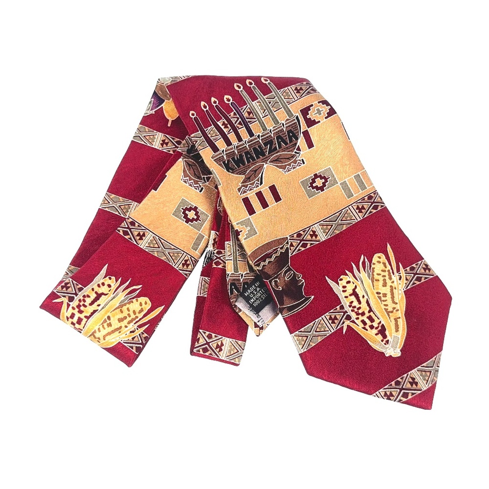 Dillard’s Kwanzaa Silk Tie Red African Pattern Corn Kinara Made in USA 4" x 59.7